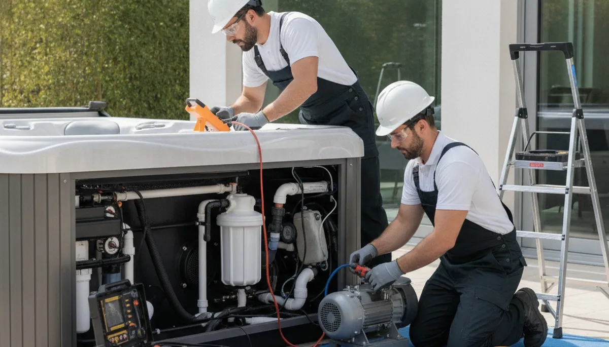 Spa repair technician fixing hot tub in Indianapolis, IN for reliable home spa service
