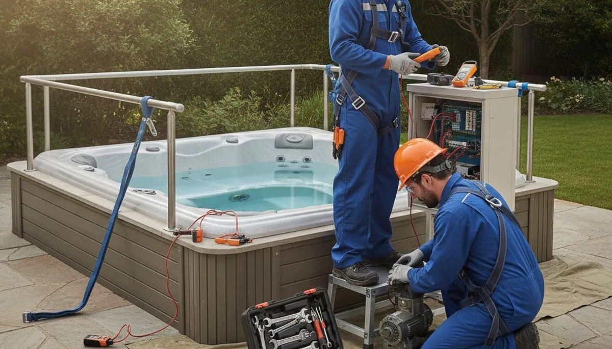Spa repair technician servicing a home spa in Indianapolis, IN for jet and heater issues